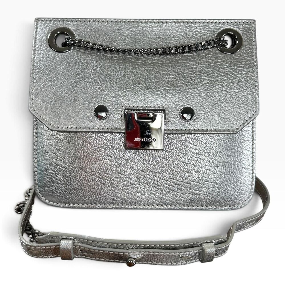 Jimmy Choo Rebel Crossbody Bag Small Metallic Silver Leather Chain Strap Italy